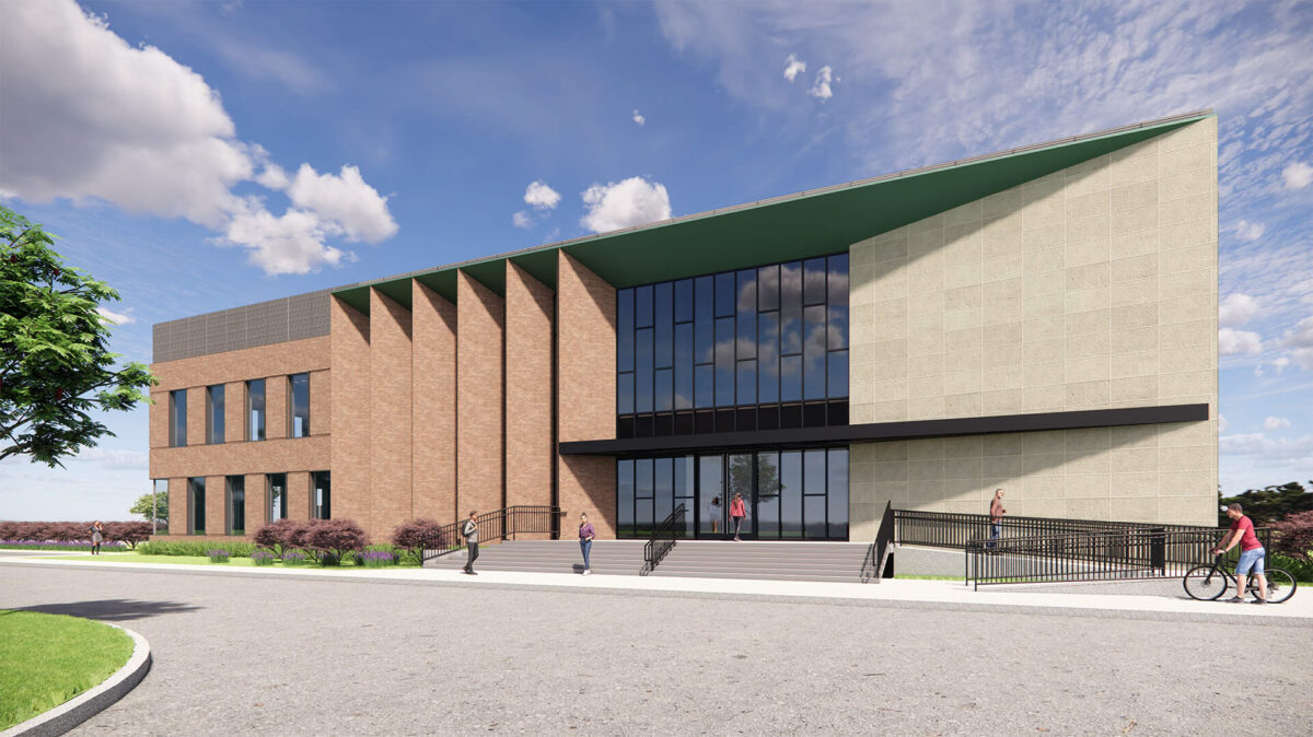 Architectural rendering of the Research and AI Compute Center at the Texas A&M-RELLIS campus